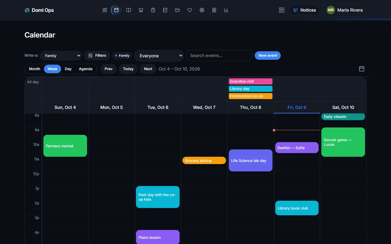 Domi Ops week calendar