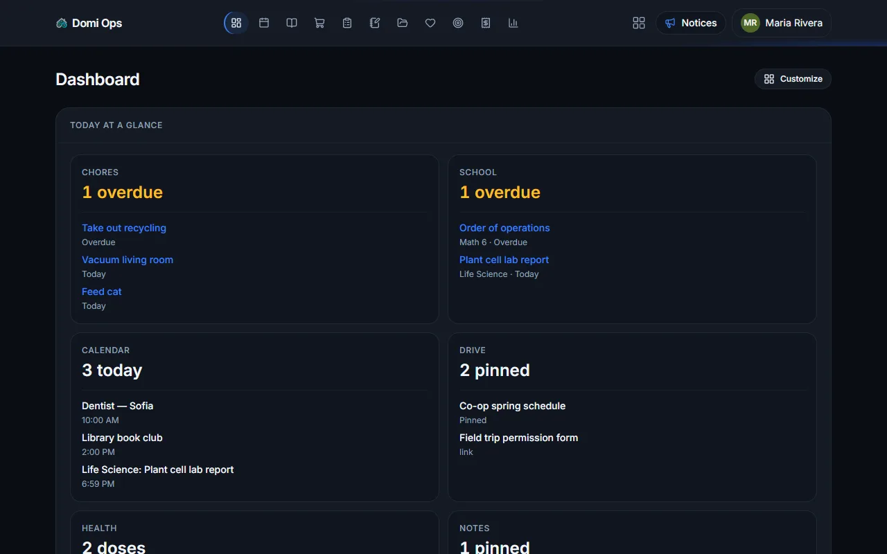 Domi Ops dashboard with chores, school, calendar, and health at a glance
